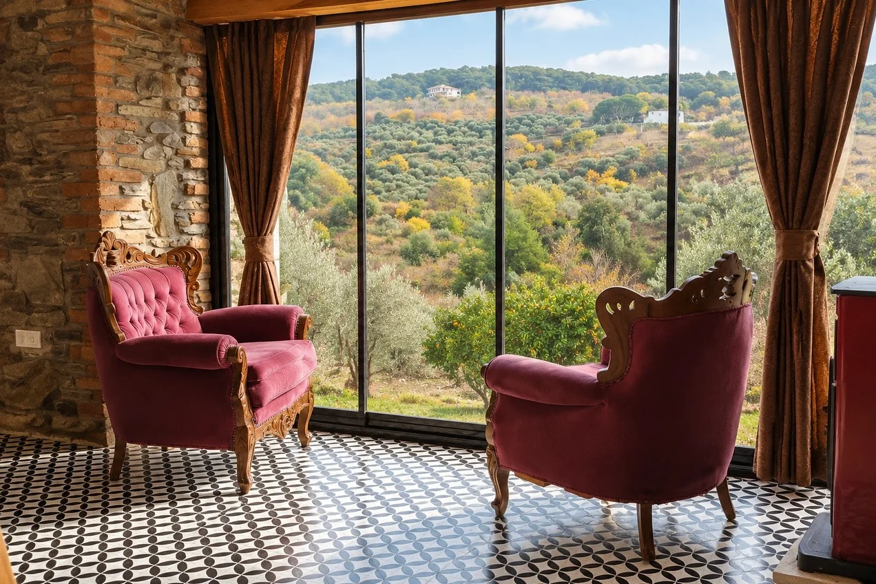 Kırkınca toplantı salonunun zeytinliğe açılan penceresi ve iki koltuğu